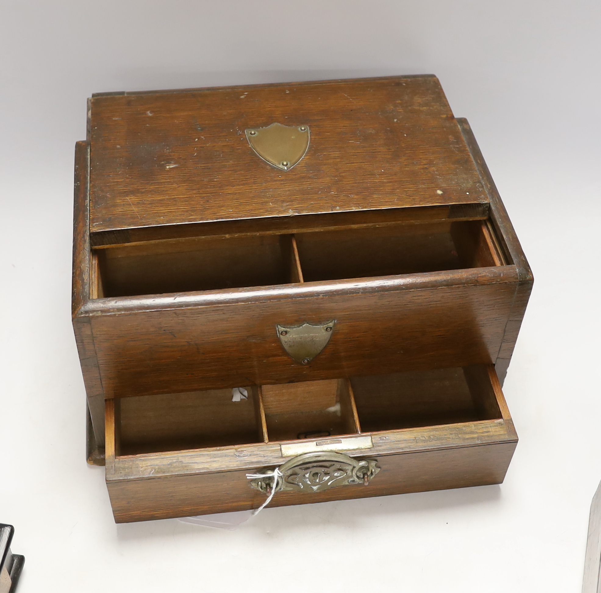 A walnut inkstand, an oak strong box and a rosewood box, 30cm x 18cm high